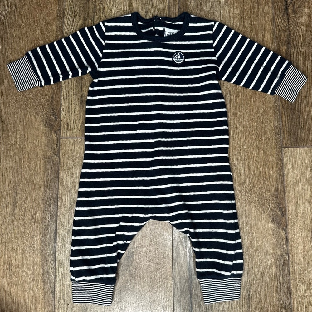 Petit Bateau Navy and White Striped Kids One Piece Romper